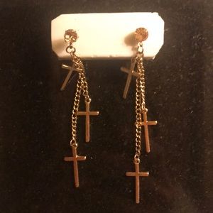 Gold cross drop earrings with rose pink stud